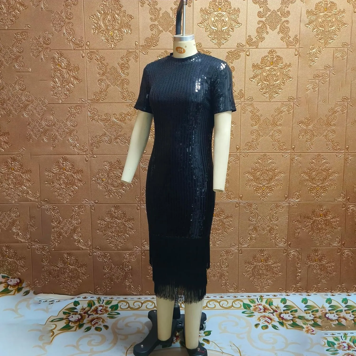 Cololura Elegant Women Sequin Short Sleeve Tassel Bodycon Midi Dress Party Evening Gown Formal Dress