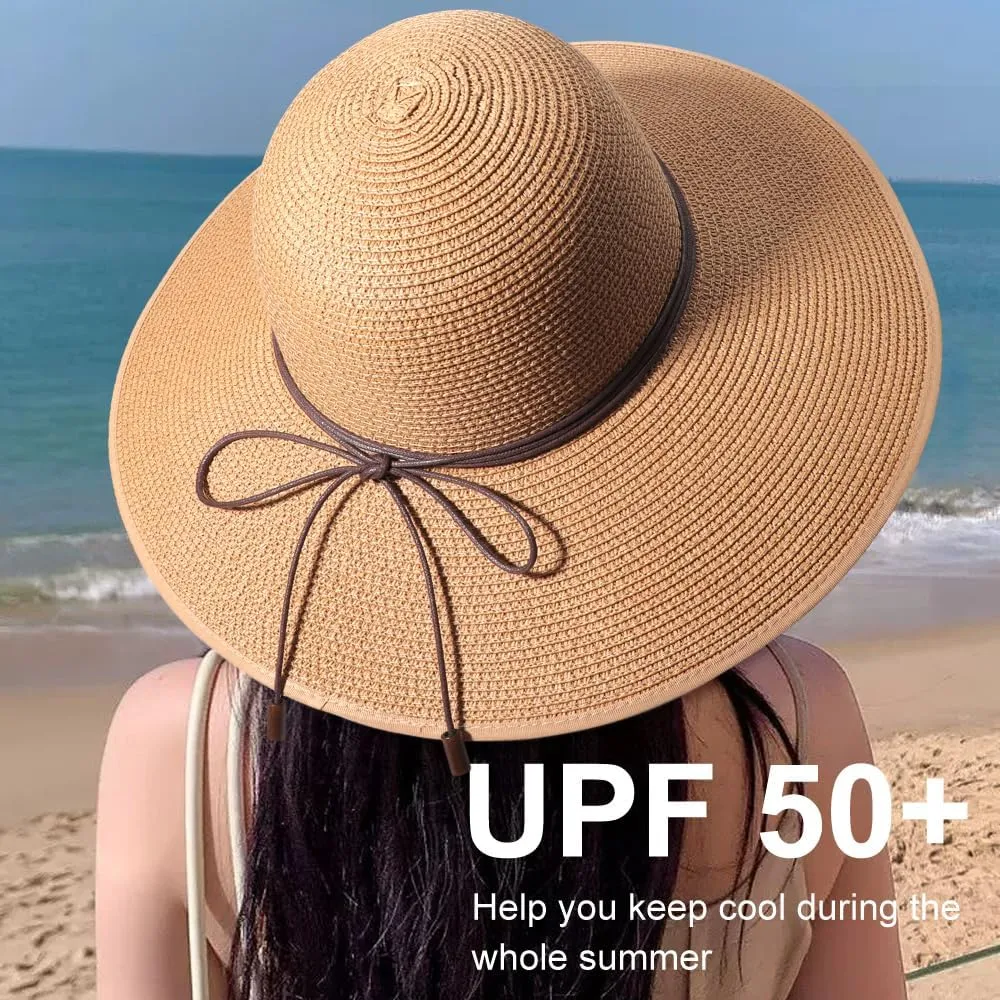DRESHOW Beach Hats for Women Big Straw Wide Brim Summer Hat Floppy Foldable Roll up Cap Sun Hat UPF 50 