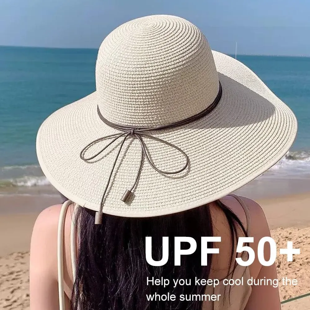 DRESHOW Beach Hats for Women Big Straw Wide Brim Summer Hat Floppy Foldable Roll up Cap Sun Hat UPF 50 