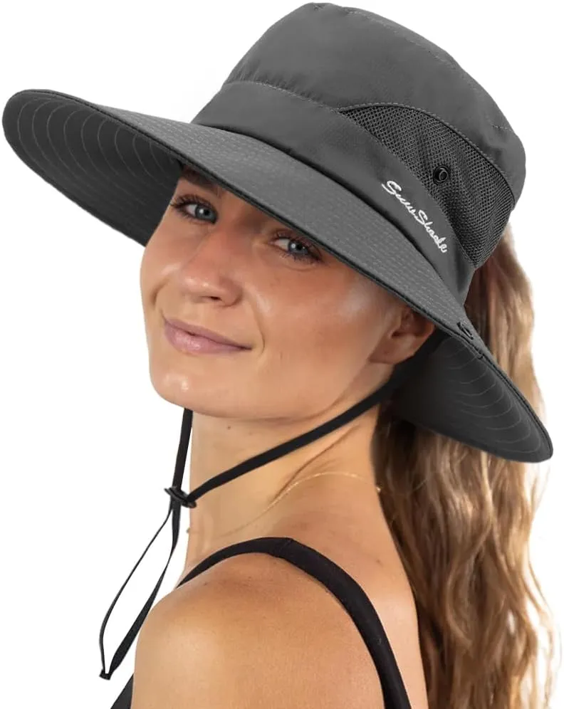 DRESHOW Women Sun Hat Outdoor UV Protection Hat Foldable Mesh Wide Brim Fishing Ponytail Beach Bucket Hats