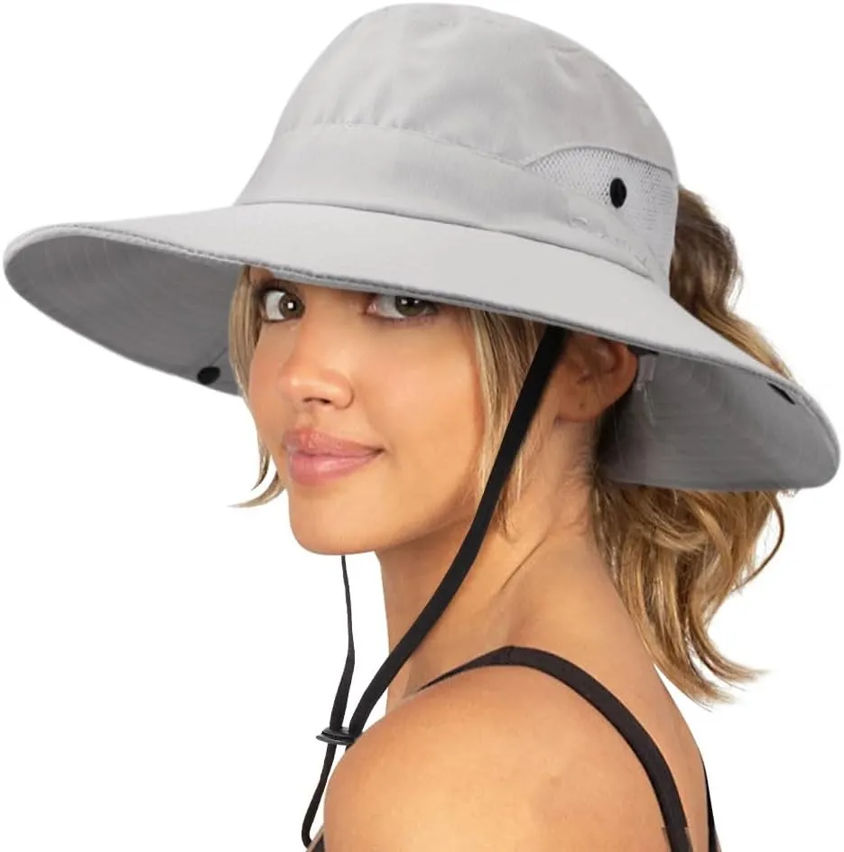 DRESHOW Women Sun Hat Outdoor UV Protection Hat Foldable Mesh Wide Brim Fishing Ponytail Beach Bucket Hats