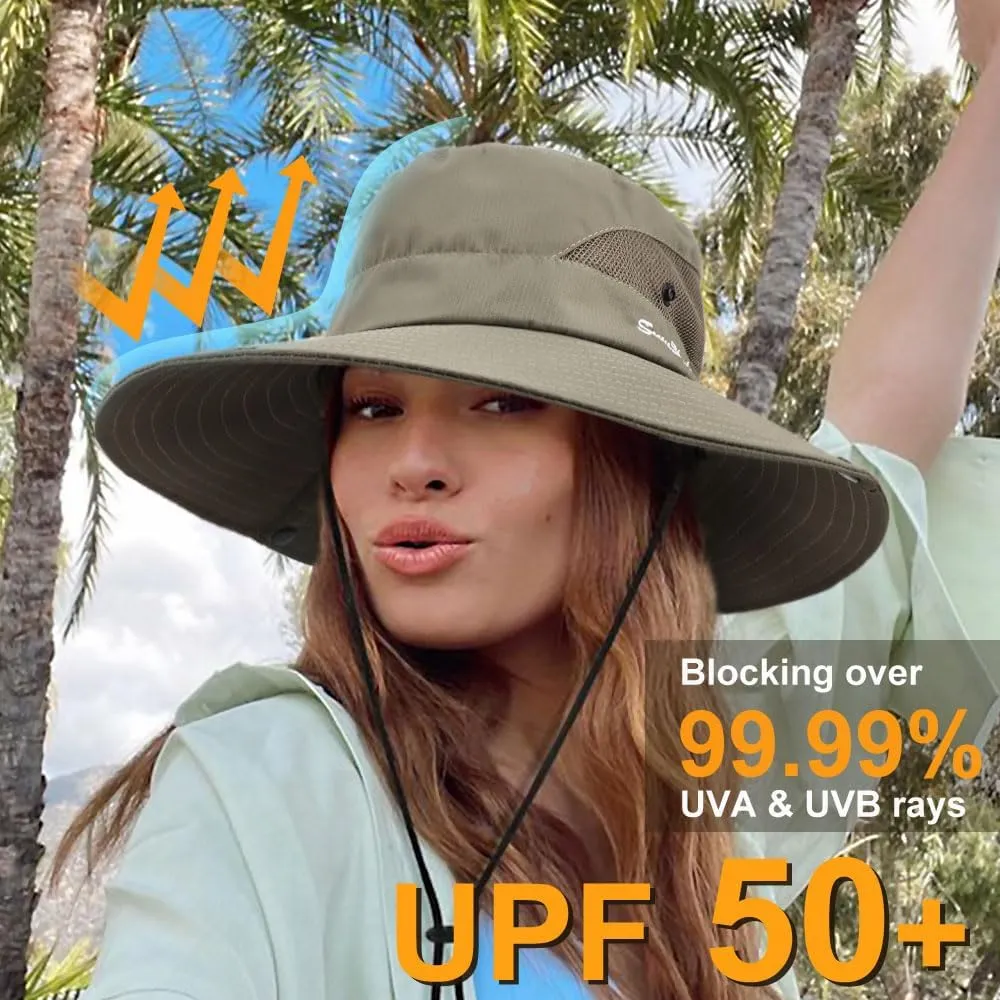 DRESHOW Women Sun Hat Outdoor UV Protection Hat Foldable Mesh Wide Brim Fishing Ponytail Beach Bucket Hats