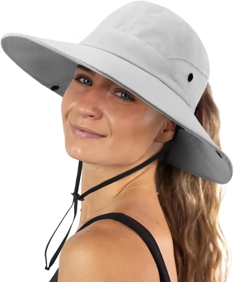 DRESHOW Women Sun Hat Outdoor UV Protection Hat Foldable Mesh Wide Brim Fishing Ponytail Beach Bucket Hats