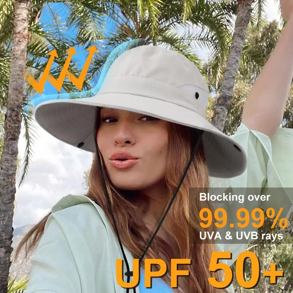 DRESHOW Women Sun Hat Outdoor UV Protection Hat Foldable Mesh Wide Brim Fishing Ponytail Beach Bucket Hats