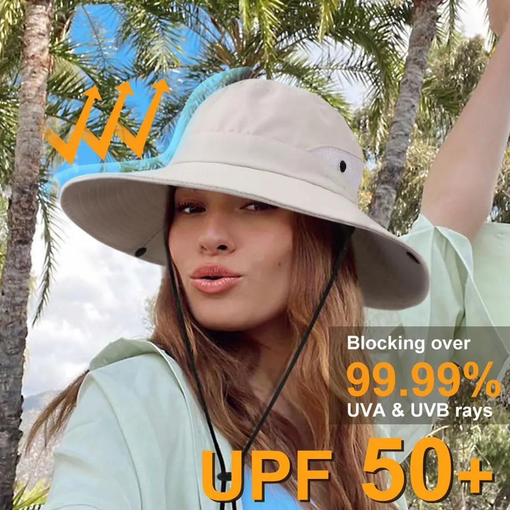 DRESHOW Women Sun Hat Outdoor UV Protection Hat Foldable Mesh Wide Brim Fishing Ponytail Beach Bucket Hats
