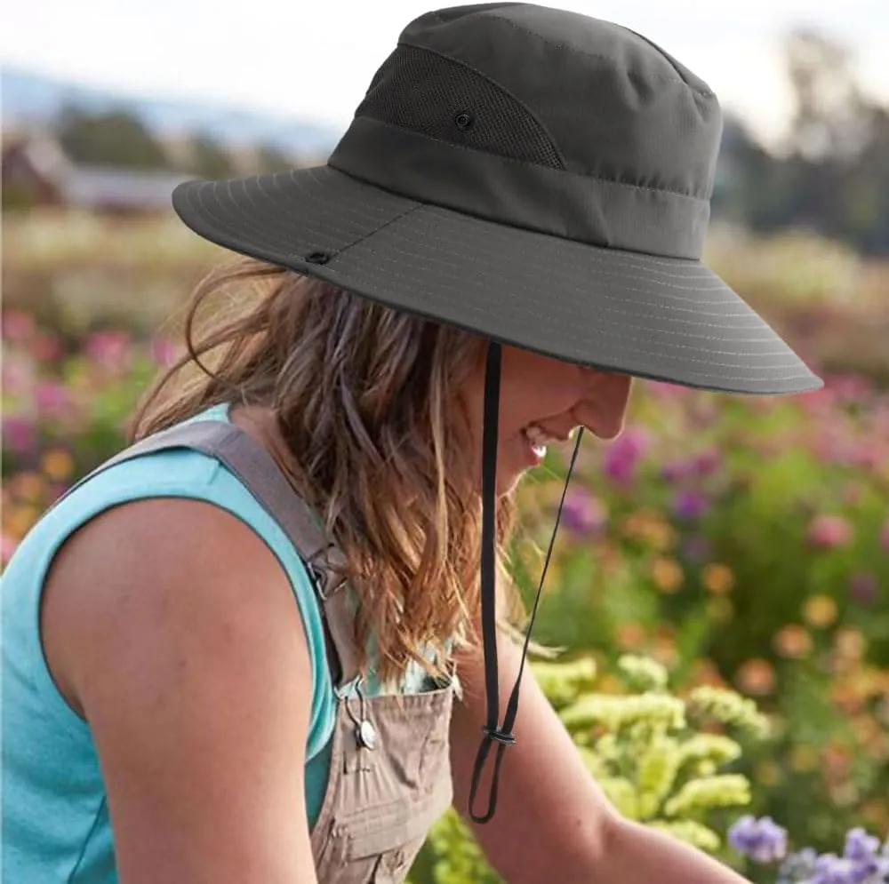 DRESHOW Women Sun Hat Outdoor UV Protection Hat Foldable Mesh Wide Brim Fishing Ponytail Beach Bucket Hats