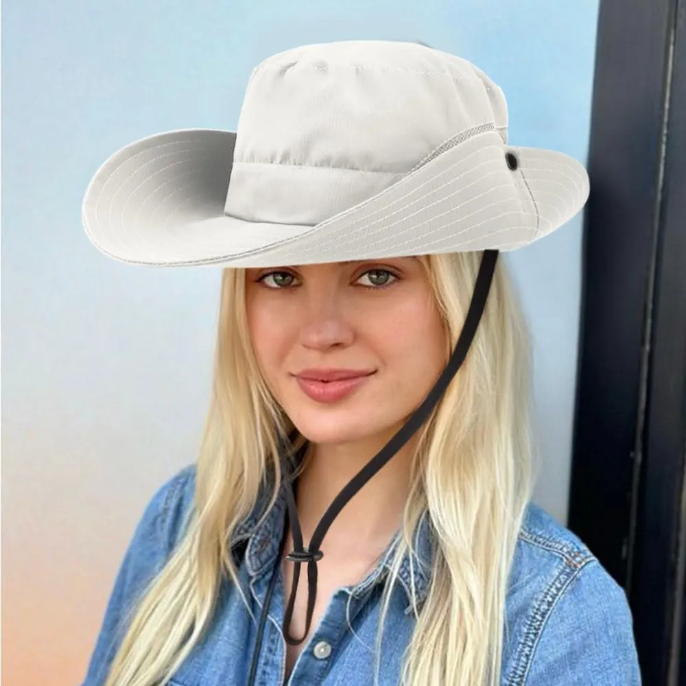 DRESHOW Women Sun Hat Outdoor UV Protection Hat Foldable Mesh Wide Brim Fishing Ponytail Beach Bucket Hats