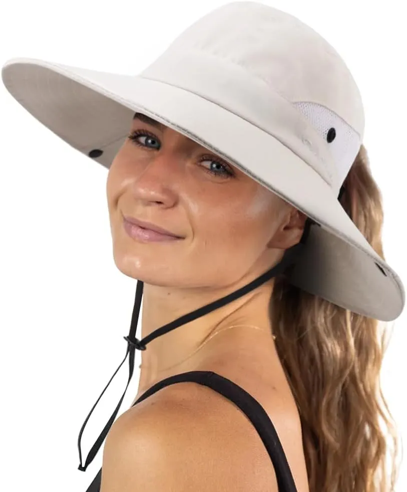 DRESHOW Women Sun Hat Outdoor UV Protection Hat Foldable Mesh Wide Brim Fishing Ponytail Beach Bucket Hats