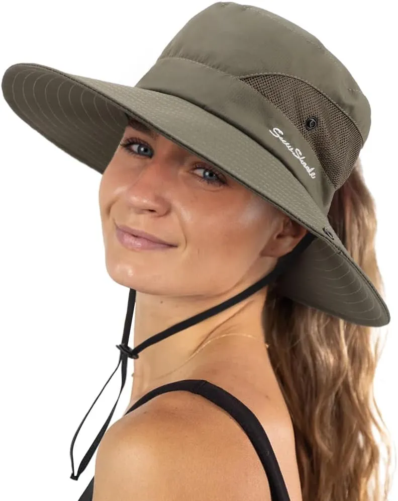 DRESHOW Women Sun Hat Outdoor UV Protection Hat Foldable Mesh Wide Brim Fishing Ponytail Beach Bucket Hats