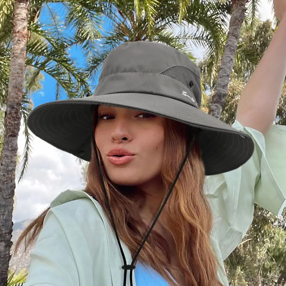 DRESHOW Women Sun Hat Outdoor UV Protection Hat Foldable Mesh Wide Brim Fishing Ponytail Beach Bucket Hats