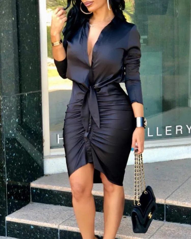 Elegant Fashion for Passionate Women: Midi Dress Shirt with Lace-up & Solid Color
