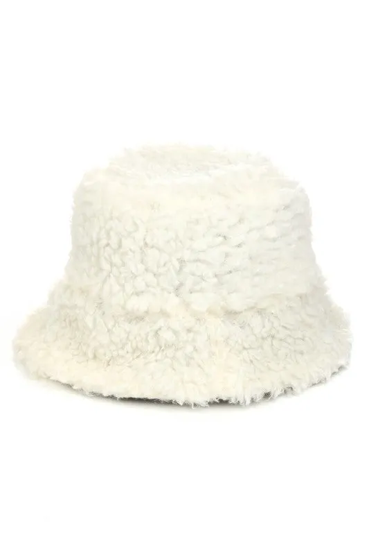 Faux Teddy Bear Fur Bucket Hat in Ivory