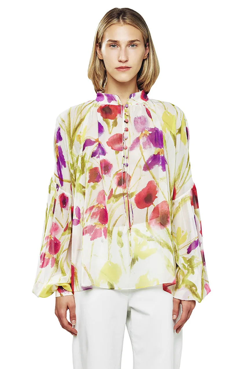 Floral Print Balloon Sleeve Chiffon Blouse