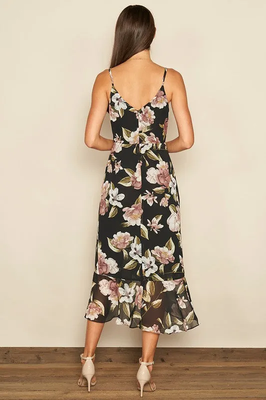 FLORAL RUFFLED HEM MIDI DRESS