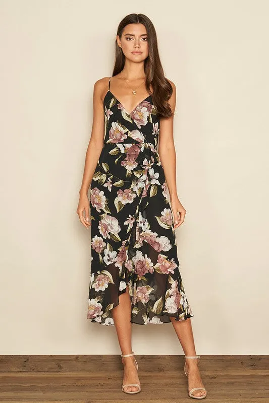 FLORAL RUFFLED HEM MIDI DRESS
