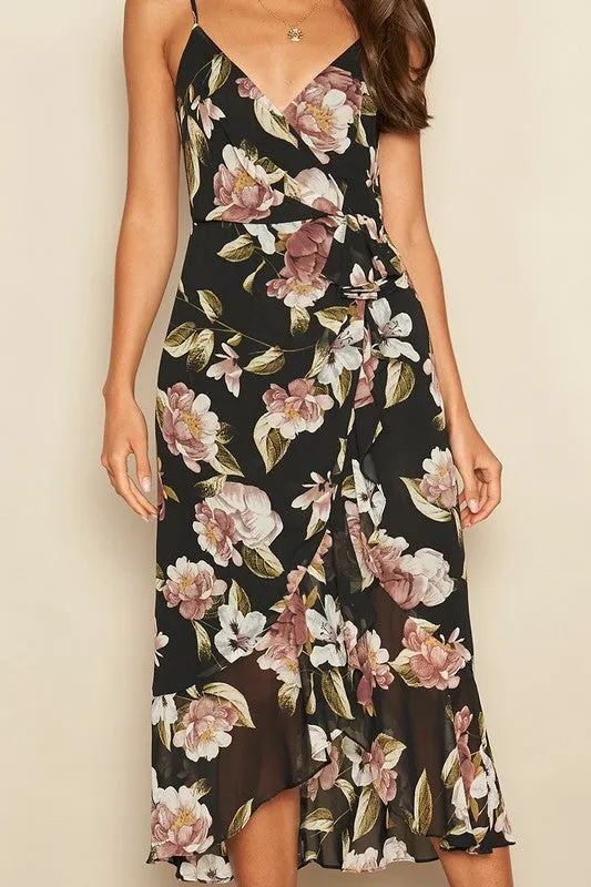 FLORAL RUFFLED HEM MIDI DRESS