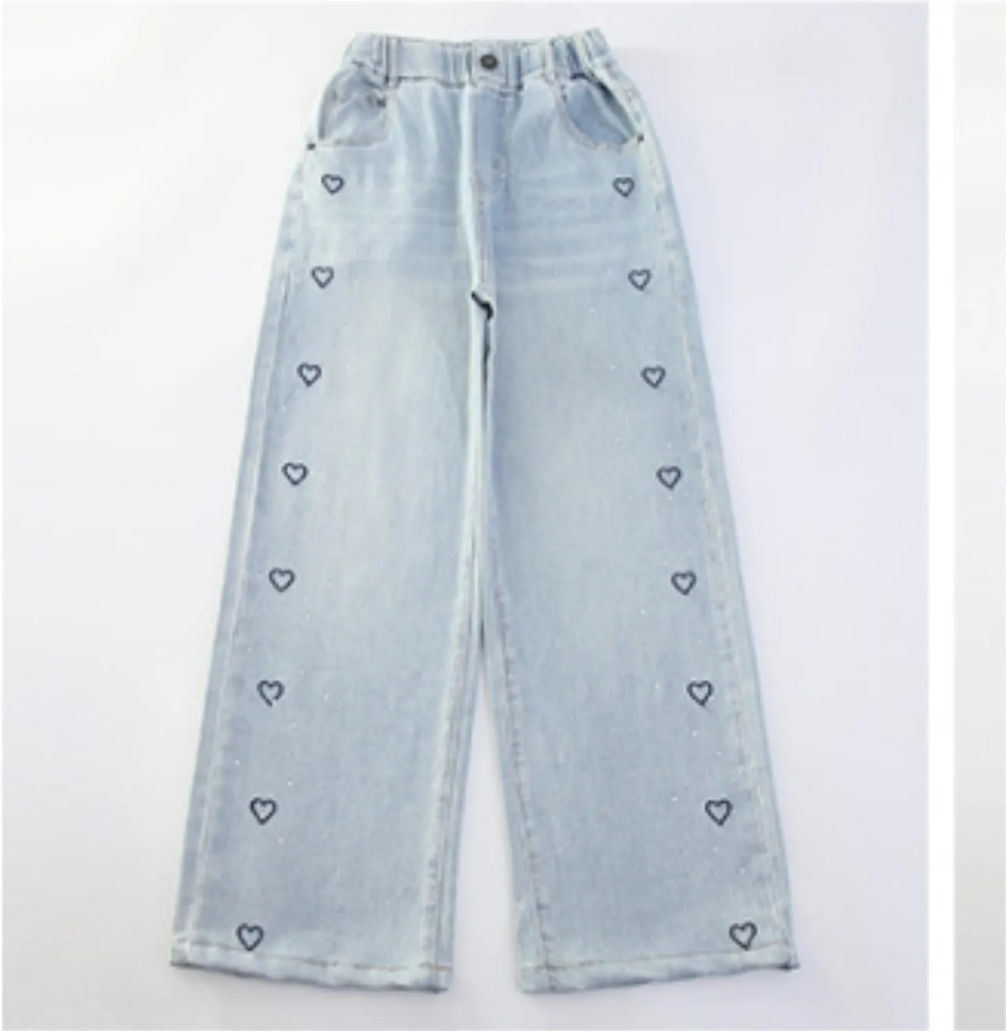 Girls Baggy Jeans Elastic High Waisted Heart Jeans Distressed Pants Straight Leg Jeans Casual Loose Denim Pants Y2K