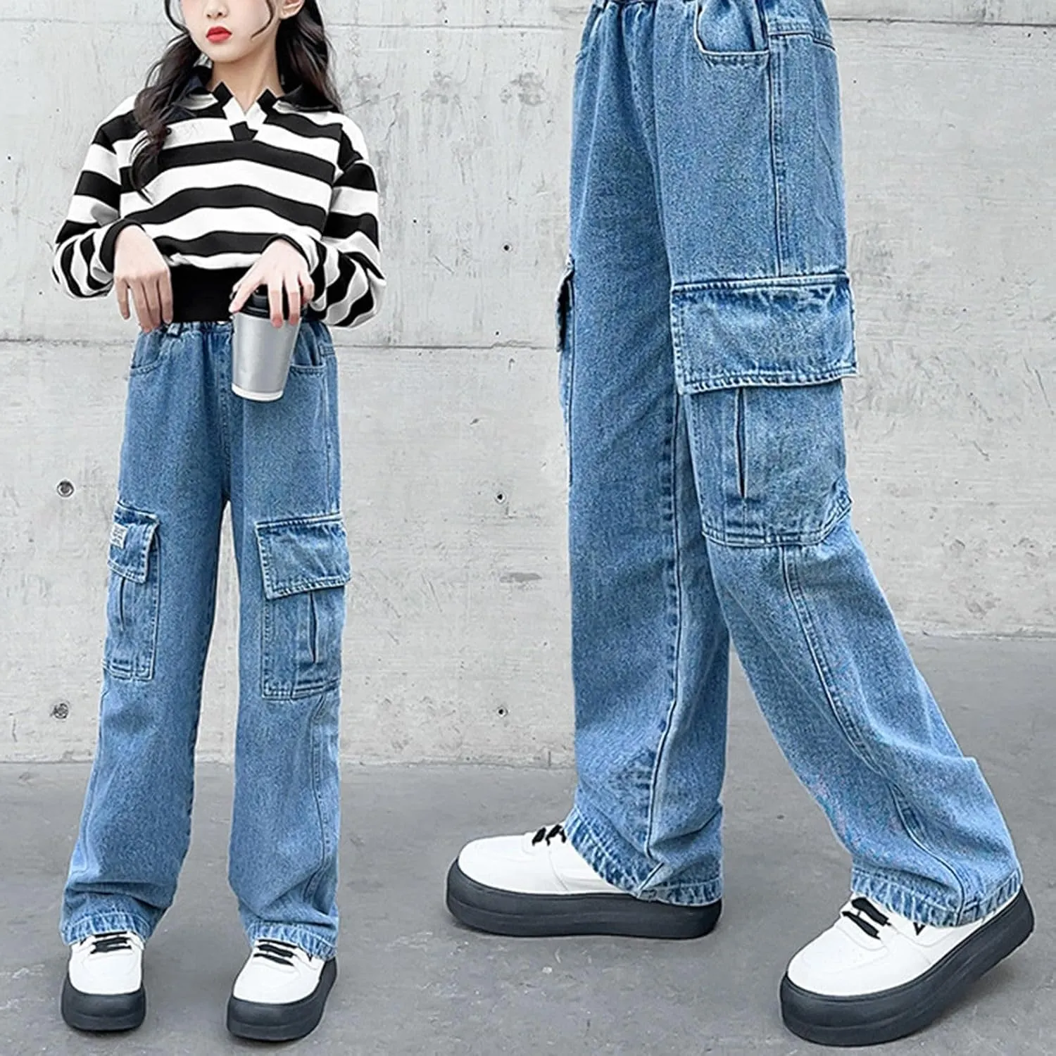 Girls Stacked Flare Jeans High Waisted Denim Bell Bottom Bootcu Casual Cute Jeans for Teen Girls Baggy Jeans