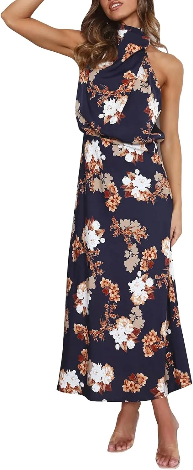 IDOPIP Women Formal Halter Satin Dress Floral Elegant Summer Bridesmaid Midi Dress Evening Party Cocktail Wedding Guest Dress
