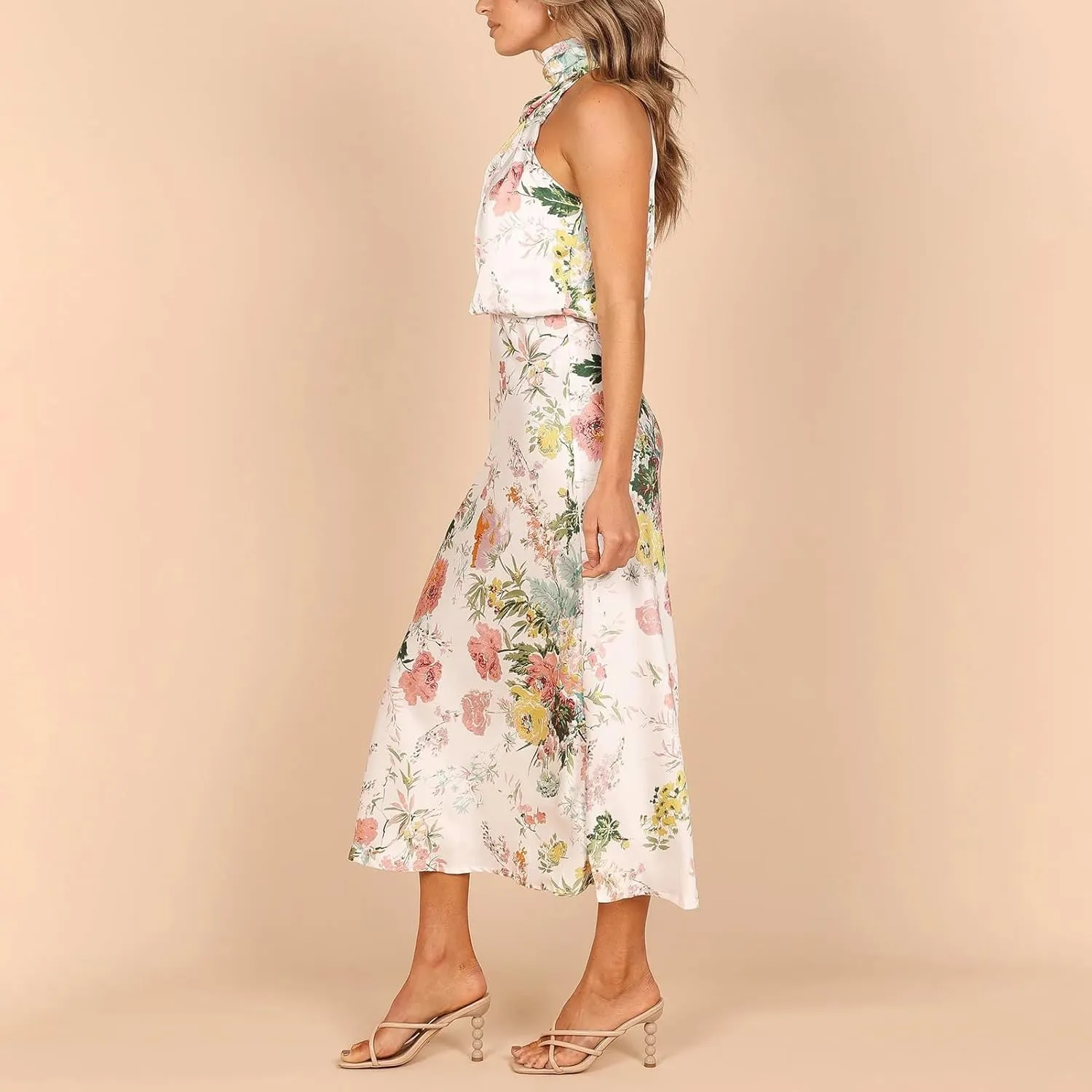 IDOPIP Women Formal Halter Satin Dress Floral Elegant Summer Bridesmaid Midi Dress Evening Party Cocktail Wedding Guest Dress