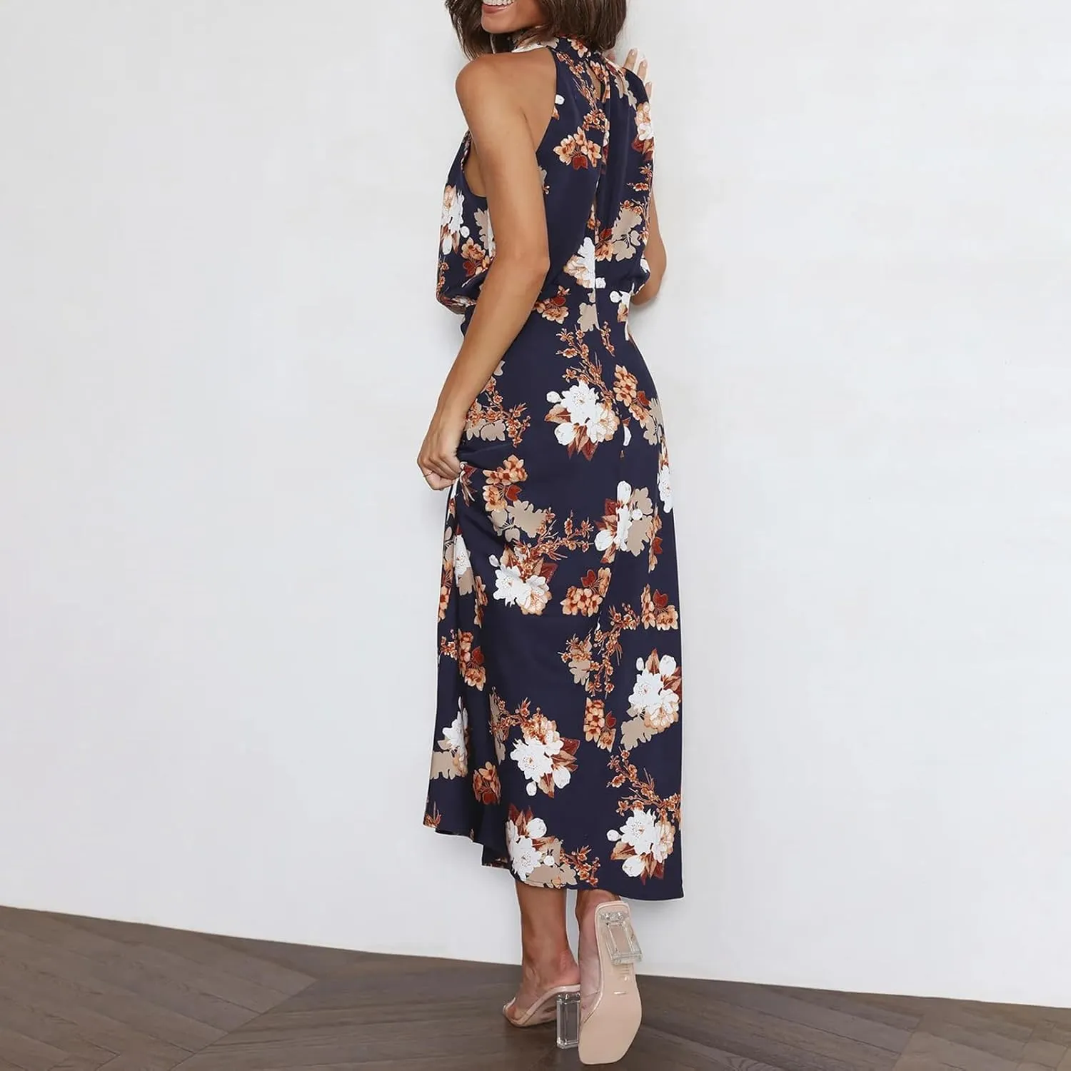 IDOPIP Women Formal Halter Satin Dress Floral Elegant Summer Bridesmaid Midi Dress Evening Party Cocktail Wedding Guest Dress