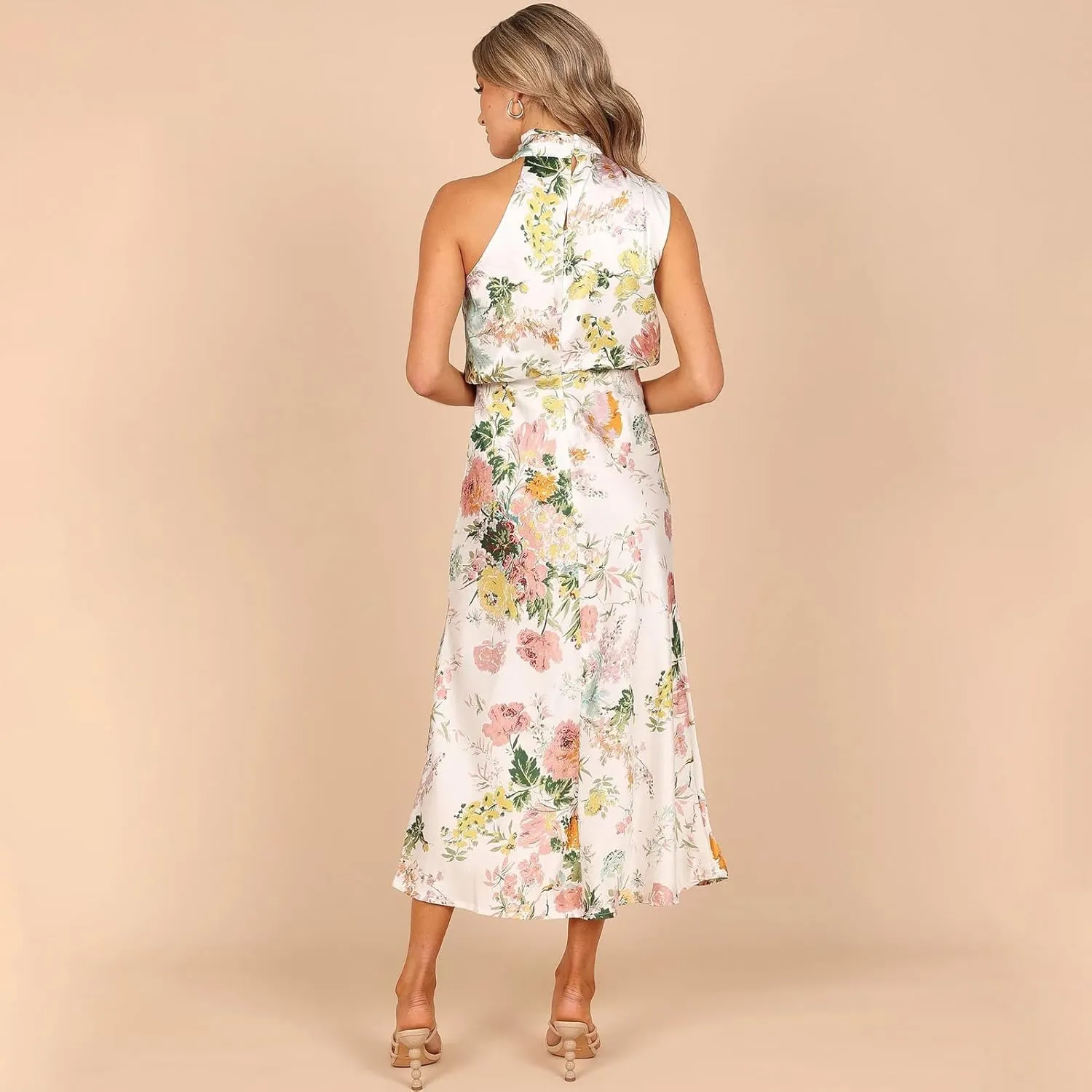 IDOPIP Women Formal Halter Satin Dress Floral Elegant Summer Bridesmaid Midi Dress Evening Party Cocktail Wedding Guest Dress
