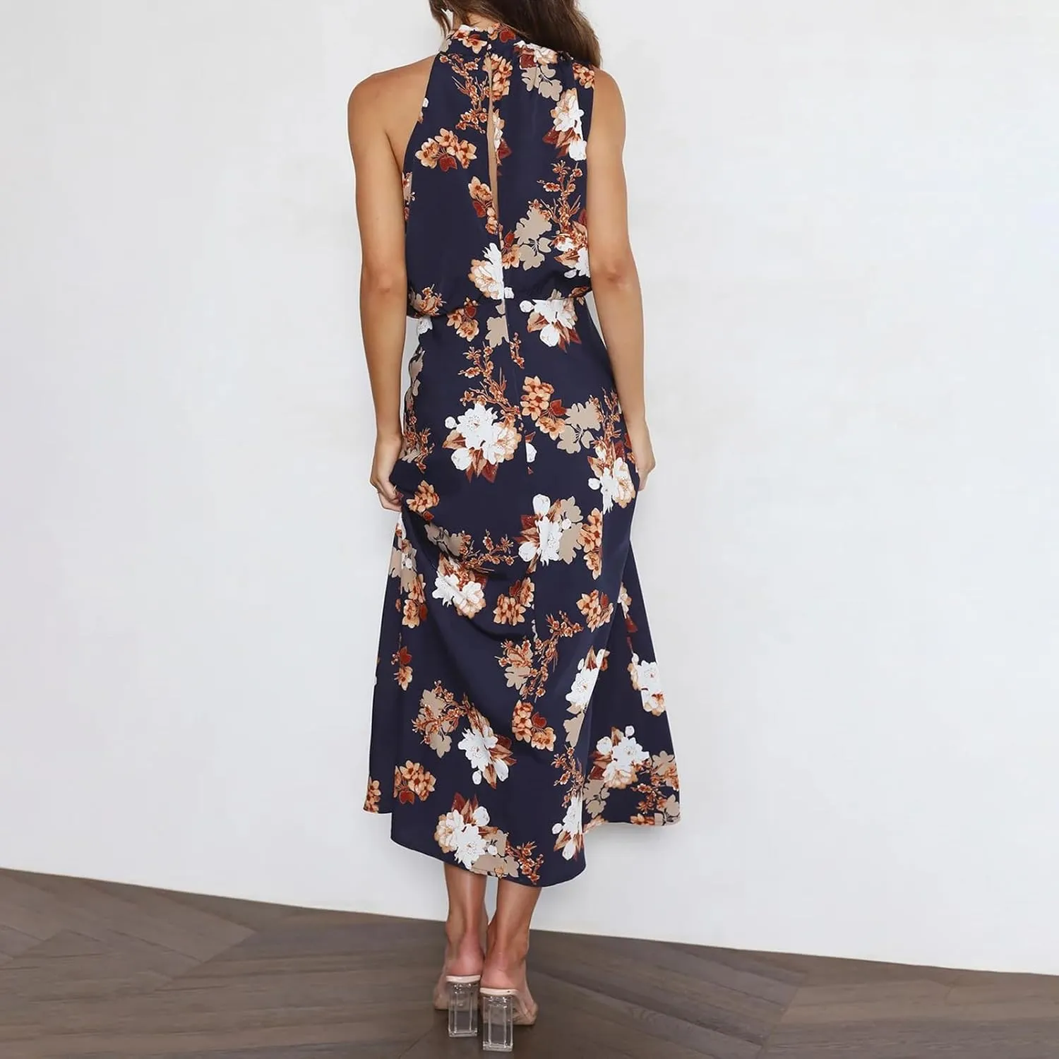 IDOPIP Women Formal Halter Satin Dress Floral Elegant Summer Bridesmaid Midi Dress Evening Party Cocktail Wedding Guest Dress