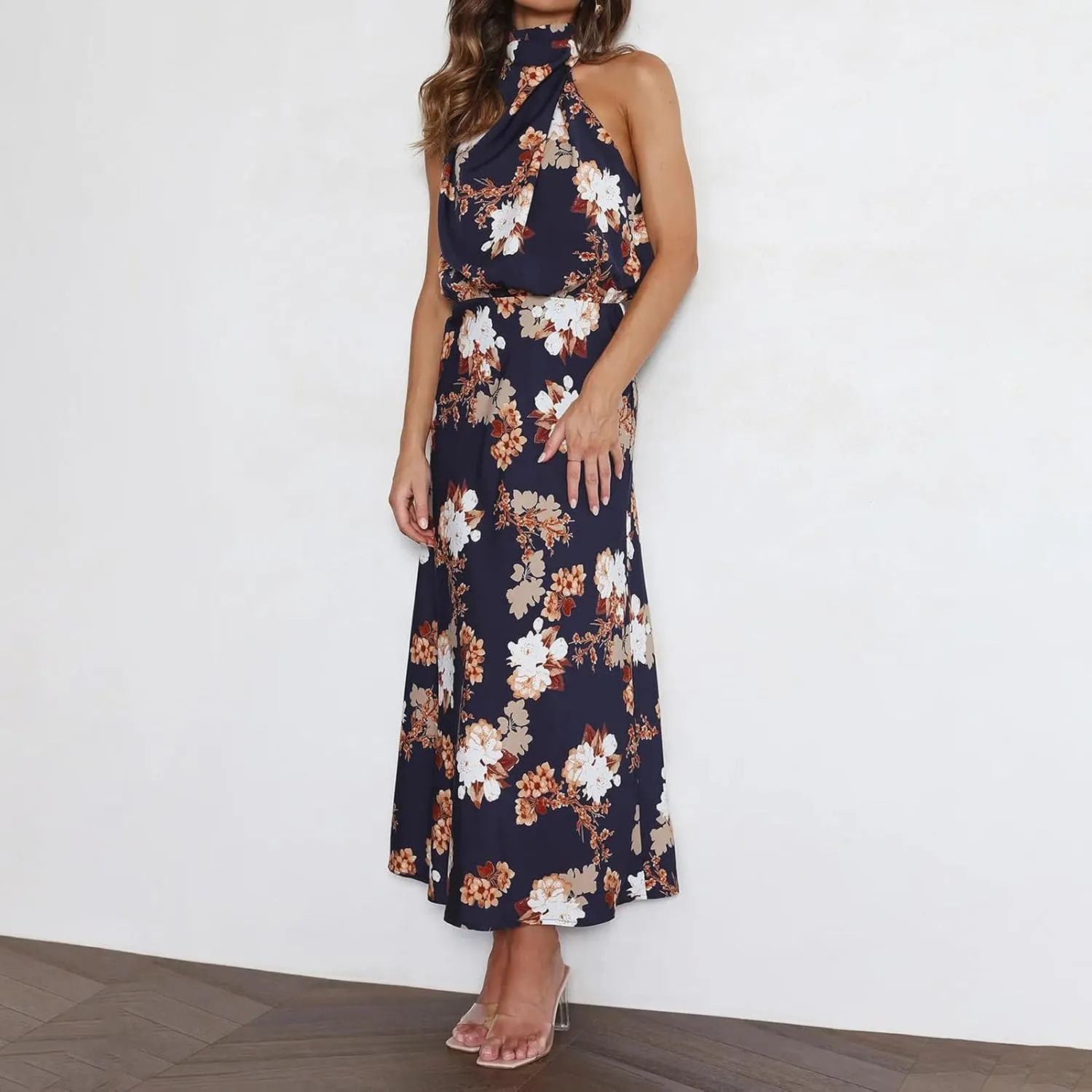IDOPIP Women Formal Halter Satin Dress Floral Elegant Summer Bridesmaid Midi Dress Evening Party Cocktail Wedding Guest Dress