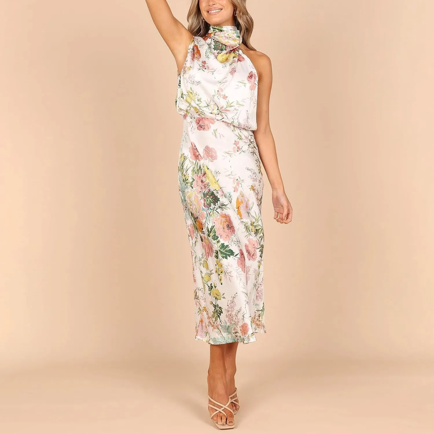 IDOPIP Women Formal Halter Satin Dress Floral Elegant Summer Bridesmaid Midi Dress Evening Party Cocktail Wedding Guest Dress
