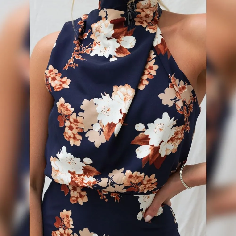 IDOPIP Women Formal Halter Satin Dress Floral Elegant Summer Bridesmaid Midi Dress Evening Party Cocktail Wedding Guest Dress