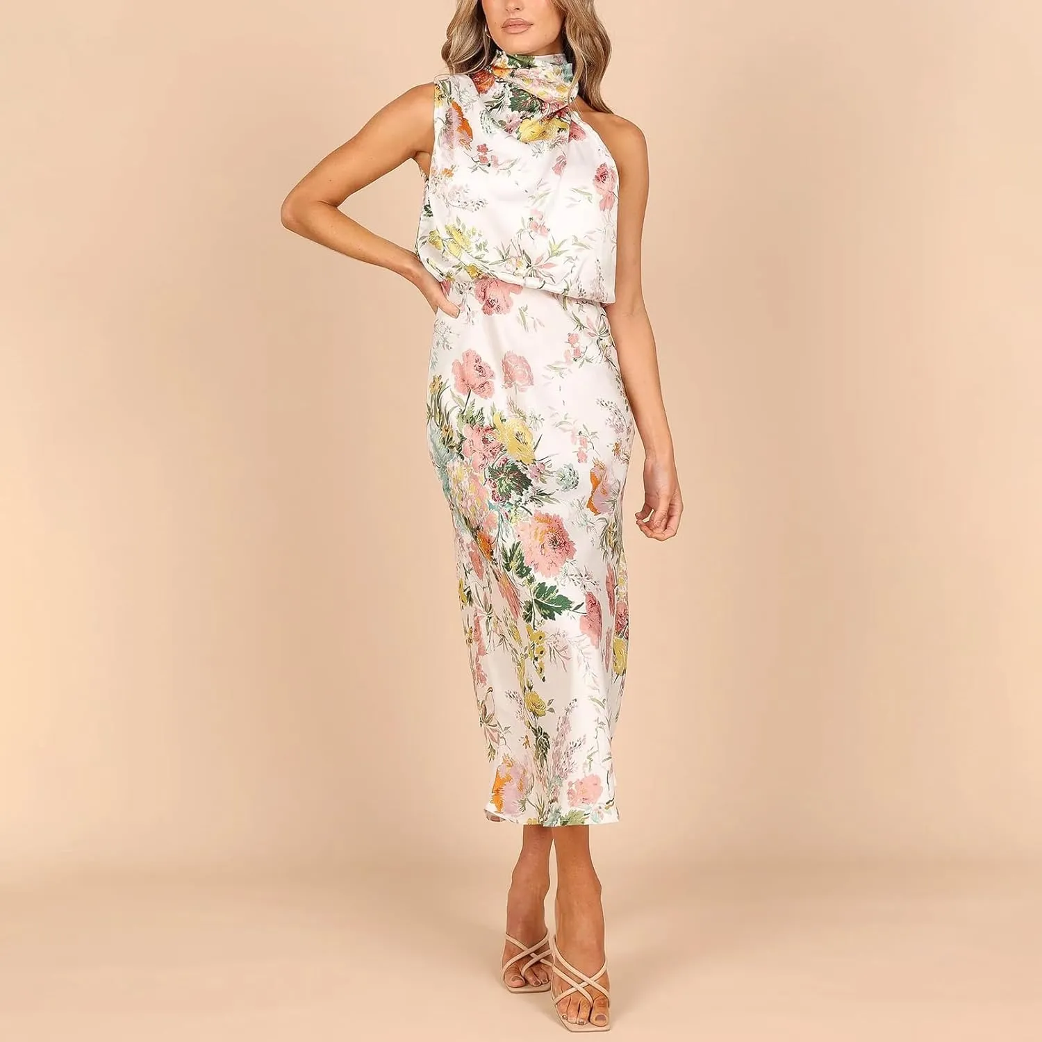 IDOPIP Women Formal Halter Satin Dress Floral Elegant Summer Bridesmaid Midi Dress Evening Party Cocktail Wedding Guest Dress