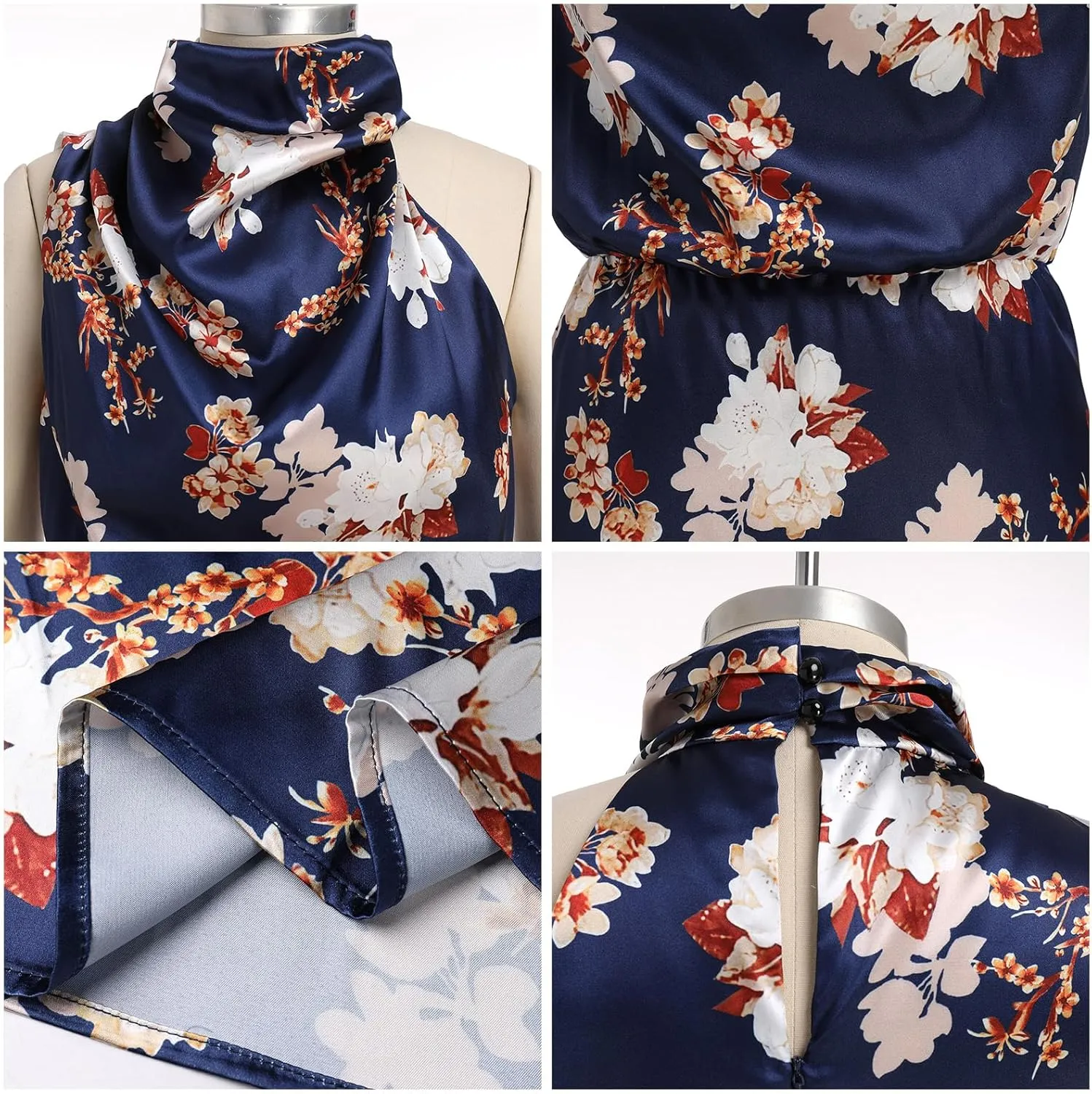 IDOPIP Women Formal Halter Satin Dress Floral Elegant Summer Bridesmaid Midi Dress Evening Party Cocktail Wedding Guest Dress
