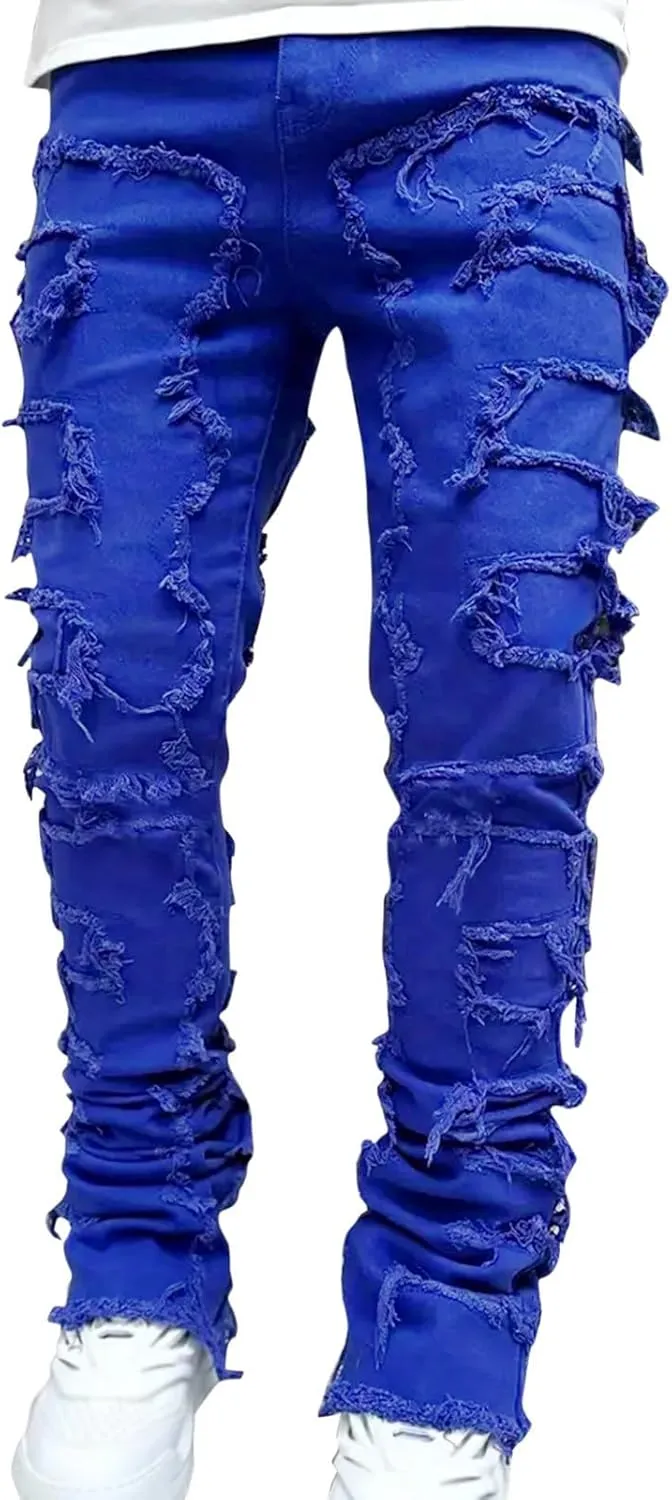 Jeans for Men Big and Tall Men Ripped Jeans Slim Fit Stacked Denim Pants Fashion Hip Hop Skinny Patchwork Jeans