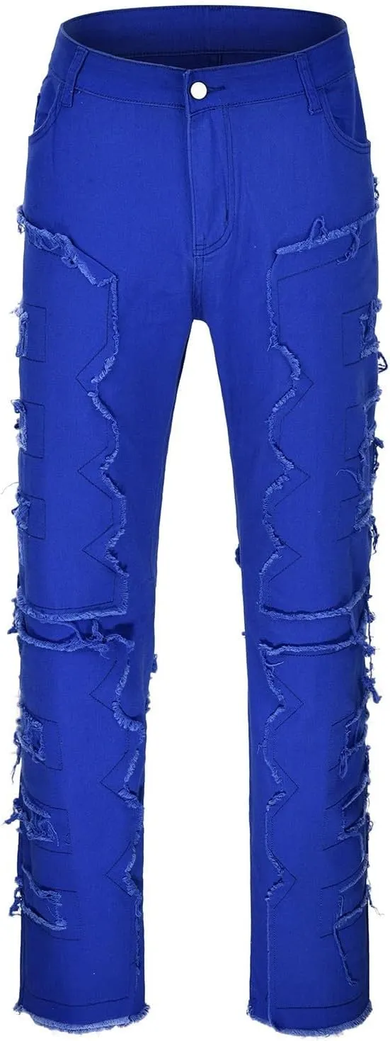 Jeans for Men Big and Tall Men Ripped Jeans Slim Fit Stacked Denim Pants Fashion Hip Hop Skinny Patchwork Jeans