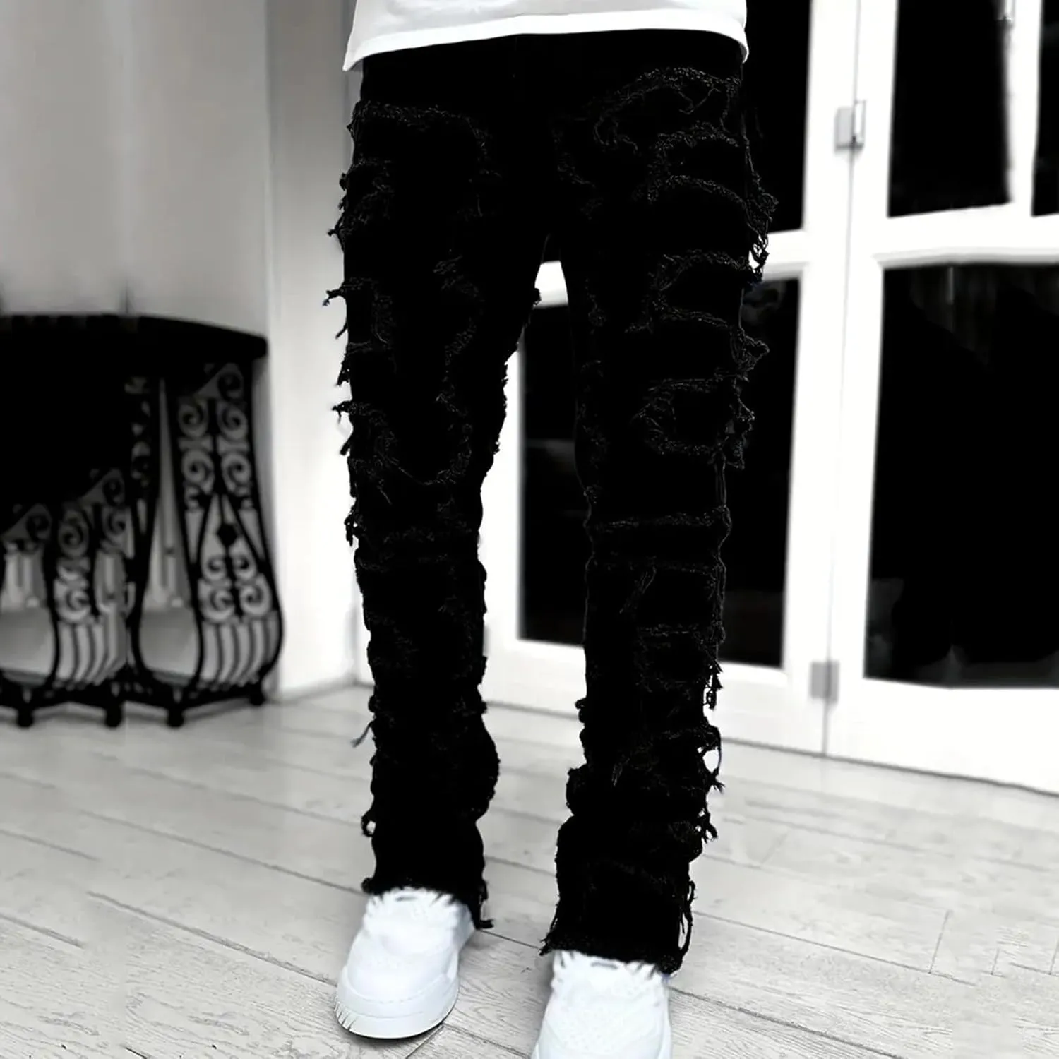 Jeans for Men Big and Tall Men Ripped Jeans Slim Fit Stacked Denim Pants Fashion Hip Hop Skinny Patchwork Jeans