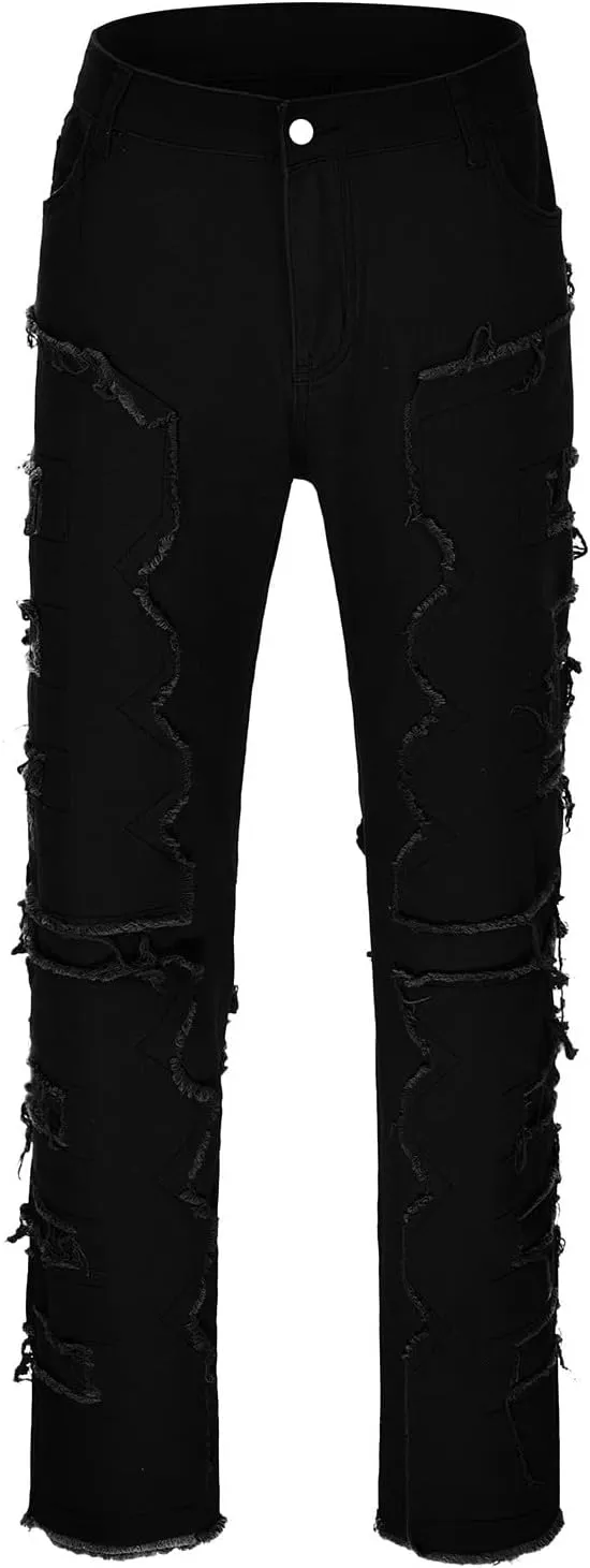 Jeans for Men Big and Tall Men Ripped Jeans Slim Fit Stacked Denim Pants Fashion Hip Hop Skinny Patchwork Jeans