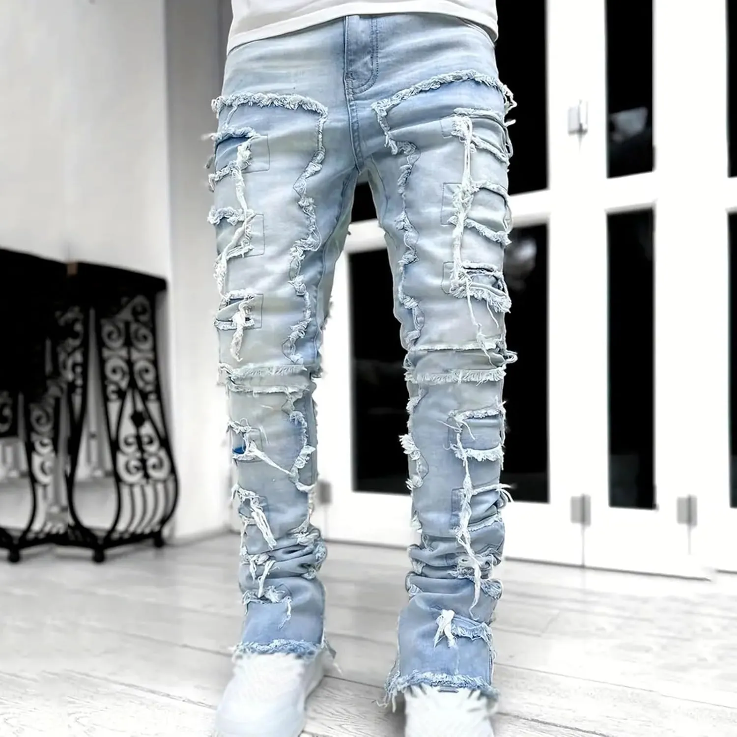 Jeans for Men Big and Tall Men Ripped Jeans Slim Fit Stacked Denim Pants Fashion Hip Hop Skinny Patchwork Jeans