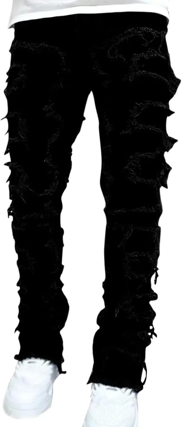 Jeans for Men Big and Tall Men Ripped Jeans Slim Fit Stacked Denim Pants Fashion Hip Hop Skinny Patchwork Jeans