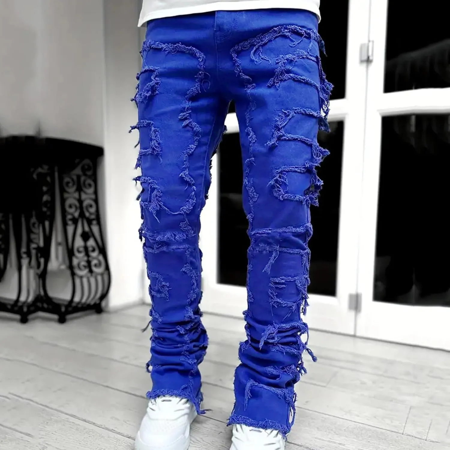 Jeans for Men Big and Tall Men Ripped Jeans Slim Fit Stacked Denim Pants Fashion Hip Hop Skinny Patchwork Jeans