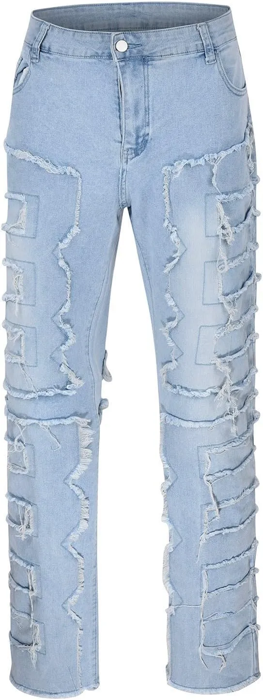 Jeans for Men Big and Tall Men Ripped Jeans Slim Fit Stacked Denim Pants Fashion Hip Hop Skinny Patchwork Jeans