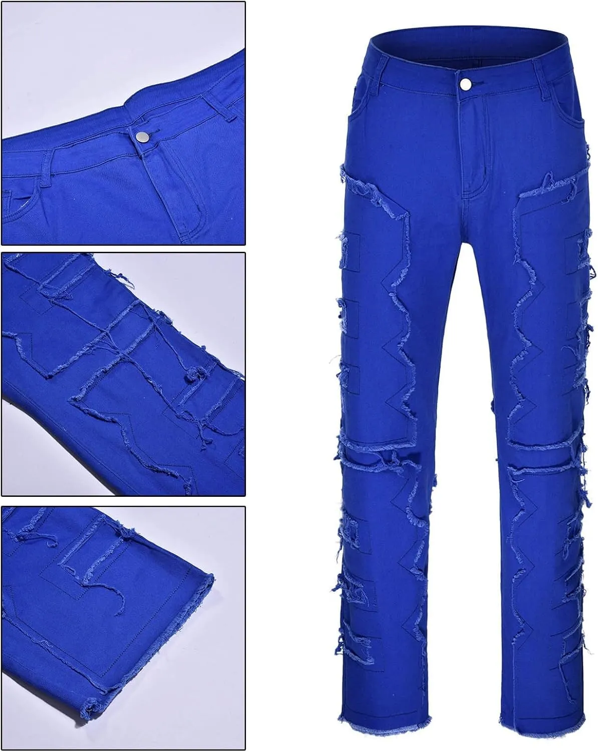 Jeans for Men Big and Tall Men Ripped Jeans Slim Fit Stacked Denim Pants Fashion Hip Hop Skinny Patchwork Jeans