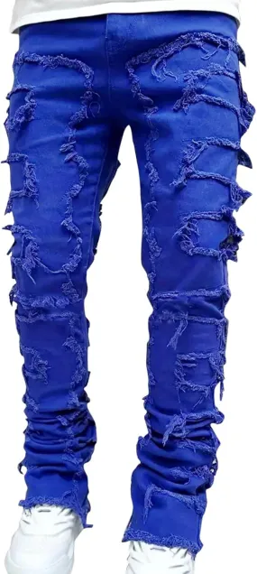 Jeans for Men Big and Tall Men Ripped Jeans Slim Fit Stacked Denim Pants Fashion Hip Hop Skinny Patchwork Jeans