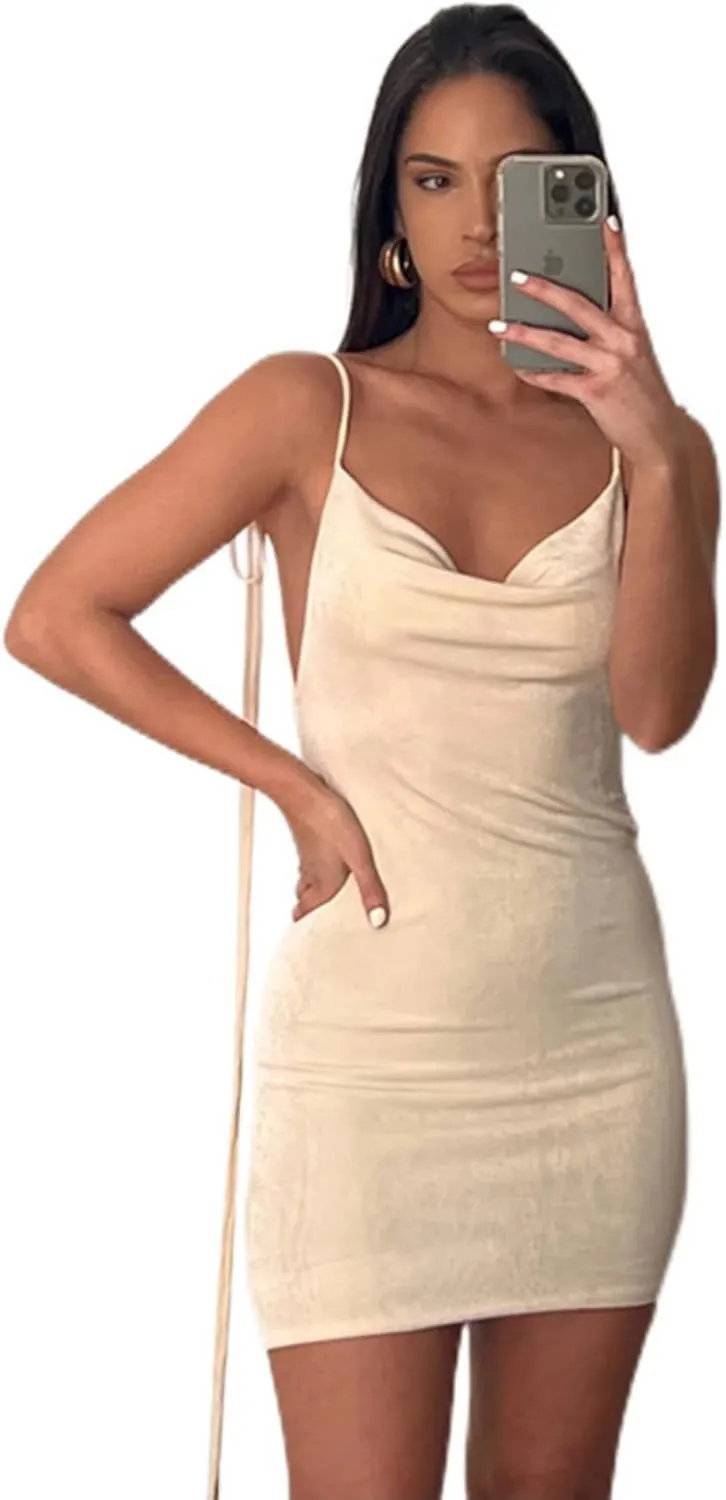 JUMISEE Women Sexy Backless Draped Mini Dress Elegant Sleeveless Spaghetti Strap Bodycon Evening Dress Club Party Dress