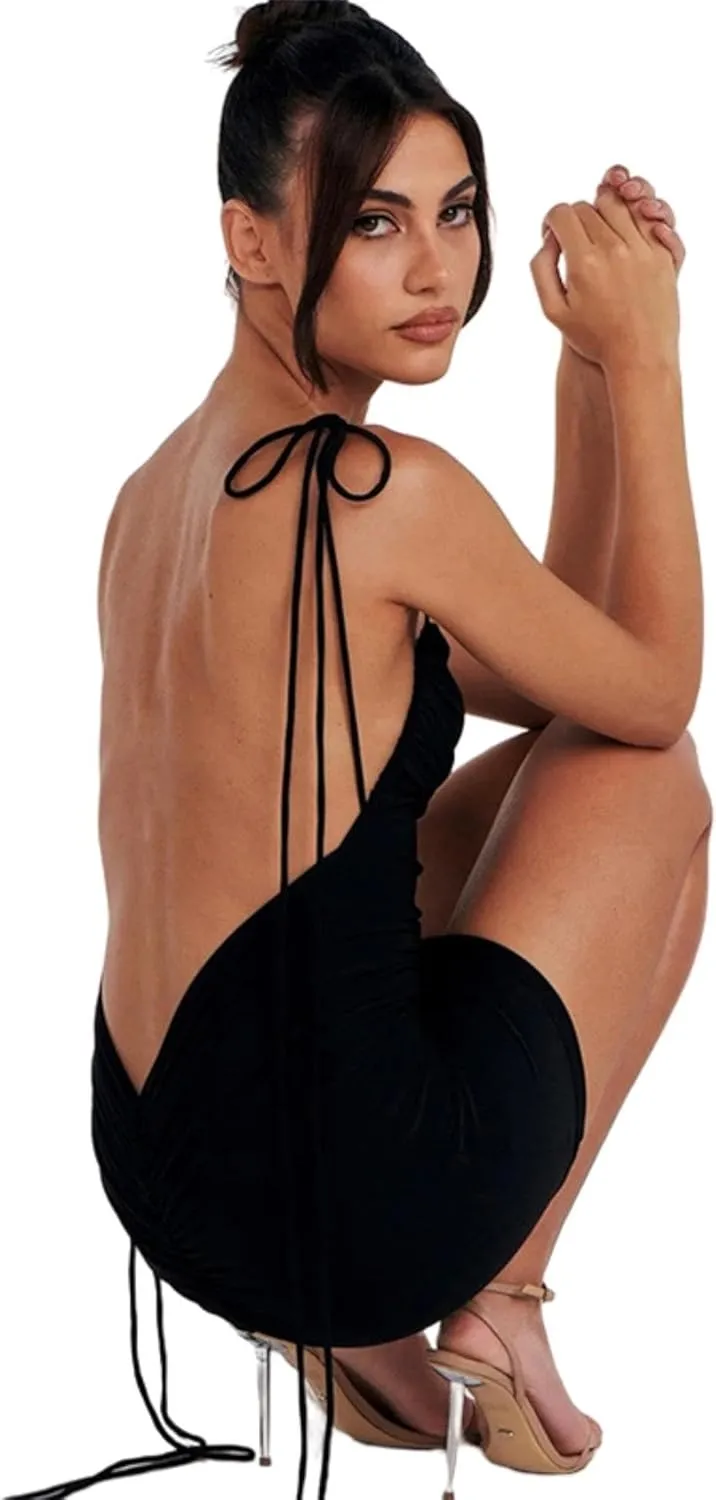 JUMISEE Women Sexy Backless Draped Mini Dress Elegant Sleeveless Spaghetti Strap Bodycon Evening Dress Club Party Dress