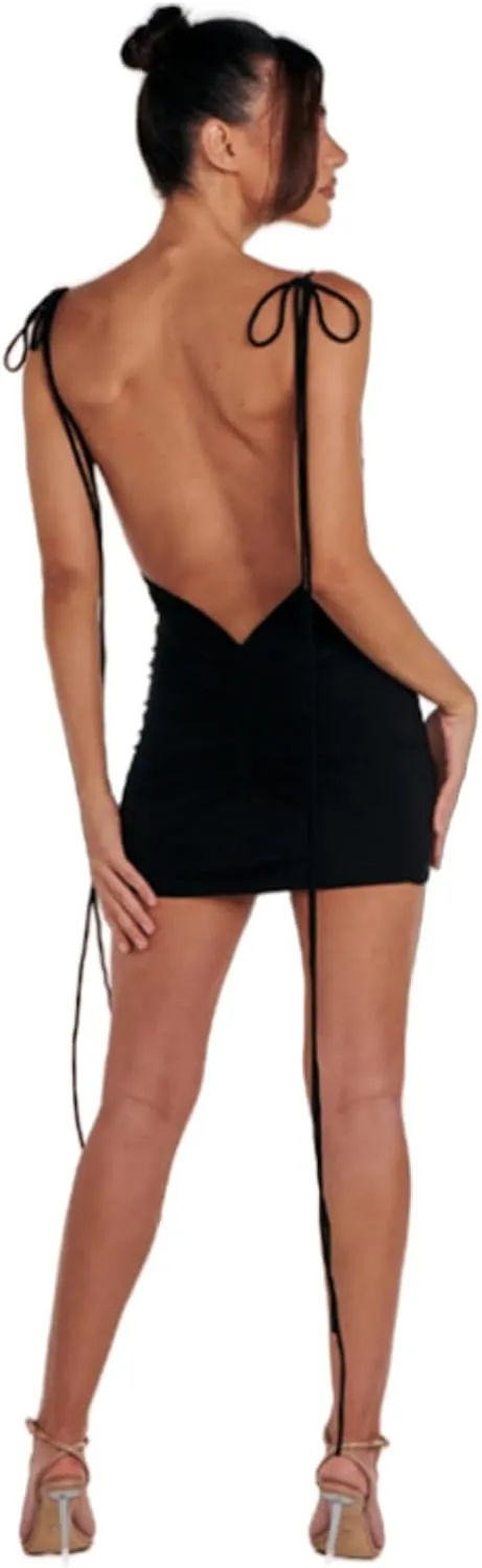 JUMISEE Women Sexy Backless Draped Mini Dress Elegant Sleeveless Spaghetti Strap Bodycon Evening Dress Club Party Dress