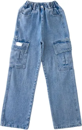 Kids Girls Jeans Elastic Waist Wide Leg Loose Pants Jeans Multiple Pockets Casual Trousers 4—14years
