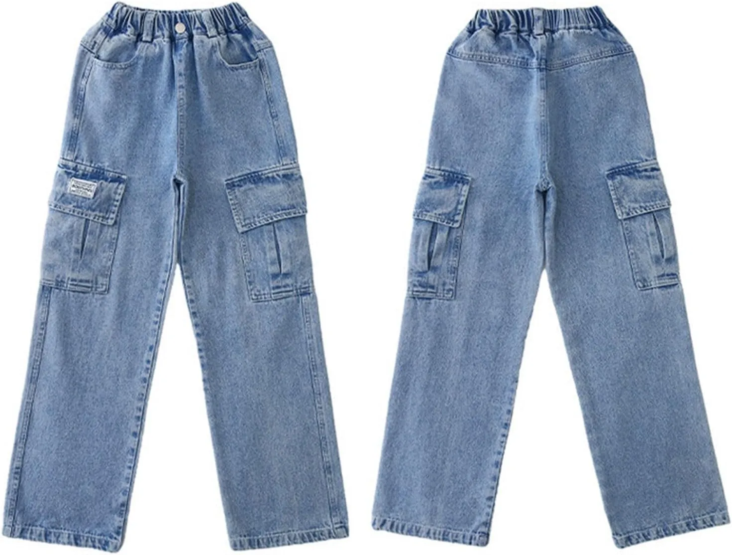 Kids Girls Jeans Elastic Waist Wide Leg Loose Pants Jeans Multiple Pockets Casual Trousers 4—14years
