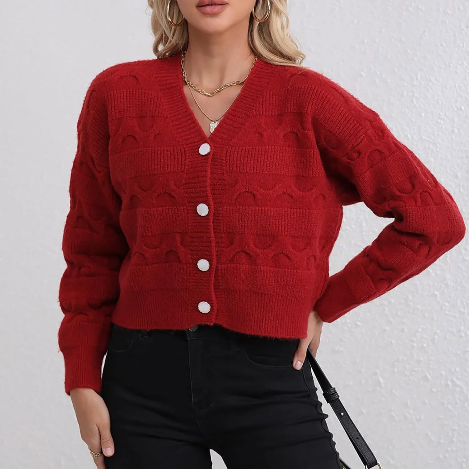 Lastesso Cardigan for Women Cropped Long Sleeve Lightweight Fall Cardigans Soft Crochet Lounge Knitwear Cozy Button Sweater