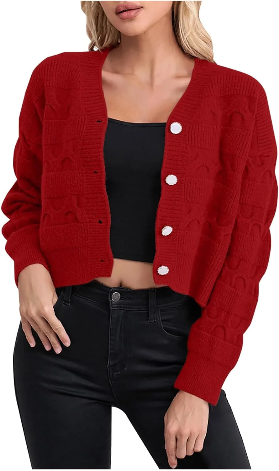 Lastesso Cardigan for Women Cropped Long Sleeve Lightweight Fall Cardigans Soft Crochet Lounge Knitwear Cozy Button Sweater