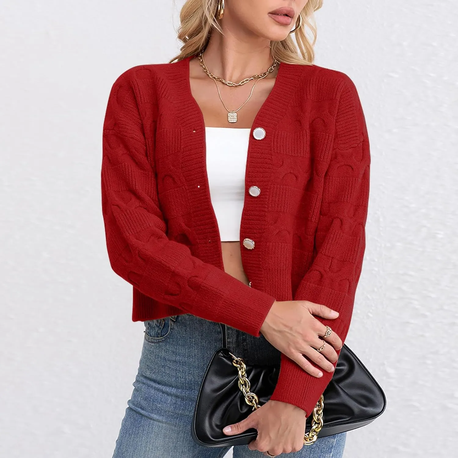 Lastesso Cardigan for Women Cropped Long Sleeve Lightweight Fall Cardigans Soft Crochet Lounge Knitwear Cozy Button Sweater